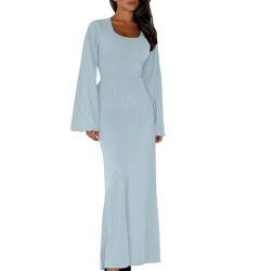 MOKBAY Herbstkleid Damen Freizeit Langarm Strickkleid Damen Herbst Winter U-Neck Wickelkleid Damen Longsleeve Kleid Lang Einfarbig Hippie Kleider Elegant Maxi Dresses for Women Hellblau S von MOKBAY