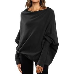 MOKBAY Off Shoulder Oberteil Damen Langarm Strickpullover Damen Große Größen Leichte Elegant Pullover Fledermausärmel Damen Longsleeve Strickpulli Schulterfrei Dünne Pullover Damen schwarz M von MOKBAY