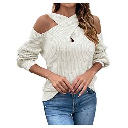 MOKBAY Pullover Damen Herbst Cross Halter Bluse Damen Elegant Schulterfrei Winterpullover Damen Langarm Einfarbig Stretch Strickpulli Damen Sexy Sweater Chic Frauen Kleidung weiß L von MOKBAY