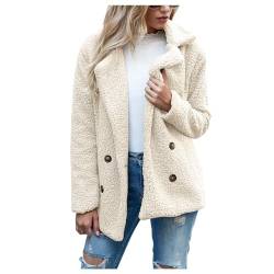 MOKBAY Winterjacke Damen Warm Stehkragen Teddy Fleecejacke Damen Langarm Slim Fit Furry Damen Wintermantel Kurz Einfarbig ​mit Knöpfen Casual Fashion Jackets for Women with Pockets weiß XL von MOKBAY