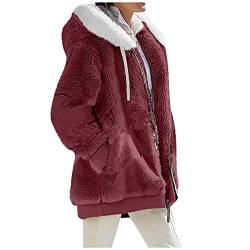 MOKBAY Winterjacke Damen Warm mit Kapuze Fleecemantel Damen Lang mit Reißverschluss Einfarbig Kuscheljacke Damen Flauschig Freizeit Plüsch Herbst Winter Frauenkleidung wein M von MOKBAY