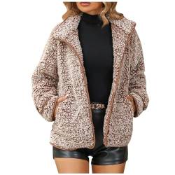 MOKBAY Winterjacke Damen mit Tasche Langarm Teddy Fleecejacke Damen Freizeit Warme Damen Wintermantel mit Knöpfen Herbst Outwear Teddyjacken Casual Furry Frauenkleidung Fashion khaki XXL von MOKBAY