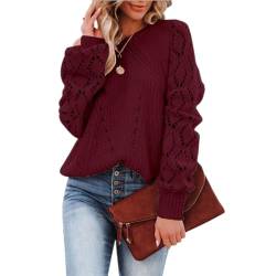 Strickpullover Damen Langarm Hollow Crewneck Sweater Damen Elegant Herbst Winter Rundhals Pullover Damen Modern Chic Einfarbig Stretch Gestrickte Pulli Für Frauen Wein XL von MOKBAY