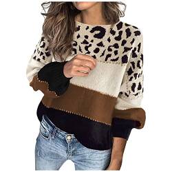 Strickpullover Damen Leopardenmuster Oversize Pullover Damen Herbst Winter Christmas Sweater Damen Gestrickte Langarm Patchwork Strick Pulli Warm Fashion Frauen Kleidung braun L von MOKBAY