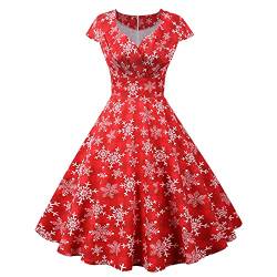 Weihnachtskleid Damen Kurzarm Christmas Drucken Partykleid Damen Urlaub Freizeit Lovely Mädchen Weihnachtskleid Elegant Ballkleid Kurz für Frauen Vintage Fashion Women Dress B-Rot 3XL von MOKBAY