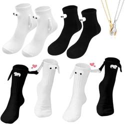 4 Paare Magnetische Socken mit 3D Puppe（Kommt mit einer Halskette in Form einer haltenden Hand） Socken mit Magnetarmen,Lustige Unisex-Socken für Paare, Hand in Hand Socken Magnet für Paare von MOKIDO