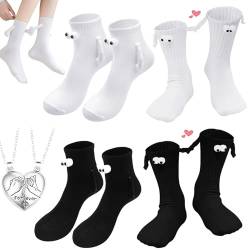 4 Paare Magnetische Socken mit 3D Puppe(mit zwei Herz-zu-Herz-Halsketten) Socken mit Magnetarmen,Lustige Unisex-Socken für Paare, Hand in Hand Socken Magnet für Paare von MOKIDO