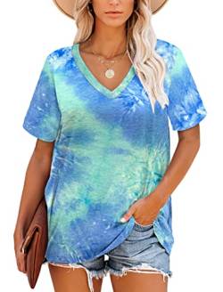 Damen-Oberteile, V-Ausschnitt, Blütenblatt-Ärmel, T-Shirt, Sommer, lässige Tunika (Tie Dye Bleu, XXL) von MOLERANI