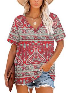 Damen-T-Shirts, Sommer-Kurzarm-Oberteile mit V-Ausschnitt für Frauen (Boho Blumenrot, L) von MOLERANI