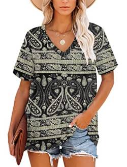 Damen-T-Shirts, Sommer-Kurzarm-Oberteile mit V-Ausschnitt für Frauen (Boho Blumenschwarz, L) von MOLERANI