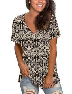 MOLERANI Basic T-Shirts für Frauen Kurzarm Loose Fit Tshirts Flowy Tops Blusen Boho Floral Black M von MOLERANI