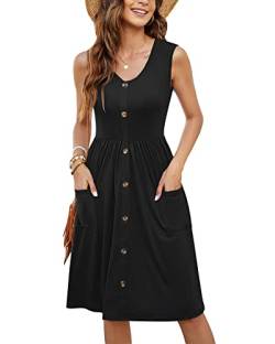 MOLERANI Damen Casual Kleider Plissee V-Ausschnitt Ärmellos Button-Down Einfarbiges Sommerkleid(Schwarz,S) von MOLERANI