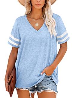 MOLERANI Damen Hemden Kurzarm V-Ausschnitt Gestreift Sommer Tops Casual Lose T-Shirt Himmelblau S von MOLERANI