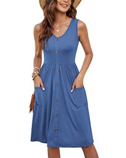 MOLERANI Damen Kurzarm V-Ausschnitt Button-Down Midi Skater Kleid mit Taschen(Beja Blue,S) von MOLERANI