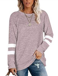 MOLERANI Damen Langarm Rundhals Freizeit T Shirts Blusen Sweatshirts Tunika Tops mit Tasche (XL, Grau Rosa) von MOLERANI