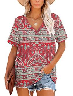 MOLERANI Damen-Oberteil, V-Ausschnitt, kurzärmelig, T-Shirt, Sommer, lässige Tunika (Boho Blumenrot, XXL) von MOLERANI