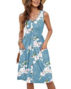 MOLERANI Damen Sommer Blumen Sommerkleid V-Ausschnitt Knopfleiste Ärmellos Kleid mit Taschen(Blumen Hellblau,2XL) von MOLERANI