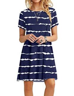 MOLERANI Damen Sommerkleider Casual T-Shirt Kurzarm Strandkleid Loose Swing Damen Kleid (2XL, Marineblau gewellt gestreift) von MOLERANI