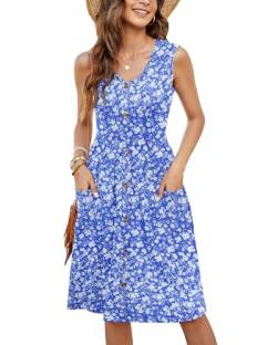 MOLERANI Damen Sommerkleider Lässig V-Ausschnitt Knopfleiste Fließende Knielange Kleider mit Tasche(Blau Weiß Blumen,L) von MOLERANI