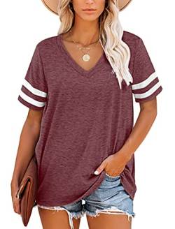 MOLERANI Damen T Shirts Kurzarm V-Ausschnitt Gestreifte Ärmel Sommer Tops Casual Lose T-Shirt Weinrot XL von MOLERANI