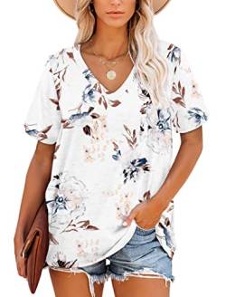 MOLERANI Damen T-Shirts Kurzarm V-Ausschnitt Sommer Tops Lässig Lose T-Shirt Floral Weiß Größe XL von MOLERANI