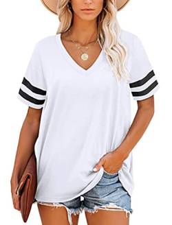 MOLERANI Damen Tops Kurzarm V-Ausschnitt Gestreifte Sommer T Shirts Casual Loose Tee Weiß L von MOLERANI