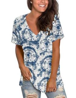MOLERANI Damen Tshirt Kurzarm V-Ausschnitt Shirts Lose Casual Tee Sommer Tops mit Tasche (2XL, Blauer Weißer Kreis) von MOLERANI