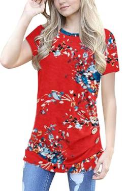 MOLERANI Damen lässige Kurzarm T-Shirt Bluse Tops mit rundem Hals und Lockerem Tunika-T-Shirt (Blumen Blau-Rot, L) von MOLERANI