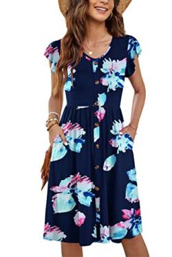 MOLERANI Frauen Sommer Kleider Rüschen Ärmel V-Ausschnitt Casual Swing Elastische Taille Midi Kleid mit Taschen Floral Navy Pink XL von MOLERANI