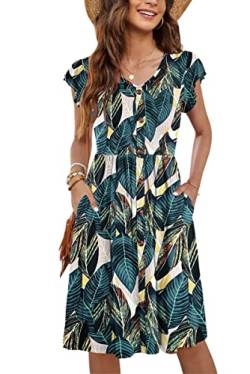 MOLERANI Frauen Sommer Kleider Rüschen Ärmel V-Ausschnitt Casual Swing Elastische Taille Midi Kleid mit Taschen Light Leaf Print XL von MOLERANI