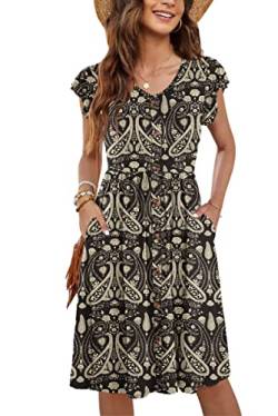 MOLERANI Frauen Sommer Kleider Rüschen Ärmel V-Ausschnitt Casual Swing Elastische Taille Midi Kleid mit Taschen Paisley Floral Schwarz 2XL von MOLERANI