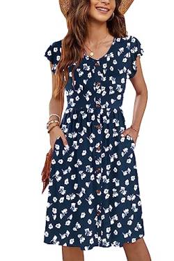 MOLERANI Frauen Sommer Kleider Rüschen Ärmel V-Ausschnitt Casual Swing Elastische Taille Midi Kleid mit Taschen Pure Floral Navy S von MOLERANI