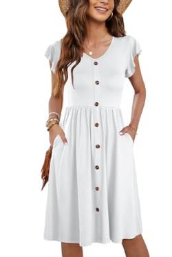 MOLERANI Frauen Sommer Kleider Rüschen Ärmel V-Ausschnitt Casual Swing Elastische Taille Midi Kleid mit Taschen Weich Weiß M von MOLERANI
