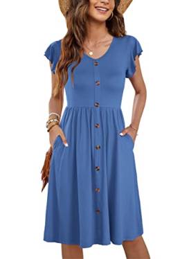 MOLERANI Kleider Damen Sommer Rüschen Ärmel Strandkleid Casual Swing Elastische Midi Kleid mit Taschen Plain Beja Blau XL von MOLERANI