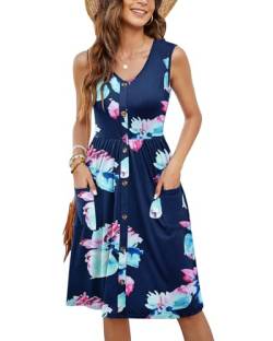 MOLERANI Lässige Kleider für Damen V-Ausschnitt Swing Flowy Sommerkleider mit Tasche(Blumen Marineblau Rosa,S) von MOLERANI