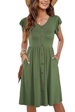 MOLERANI Midikleid Damen V-Ausschnitt Rüschen Ärmel Casual Swing Elastische Taille Midi Kleid mit Taschen Pure Army Grün XL von MOLERANI