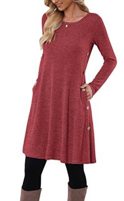 MOLERANI Pulloverkleid für Damen Langarmkleid Damen Knopf Lässiges Tunikakleid mit Taschen Rot XXL von MOLERANI