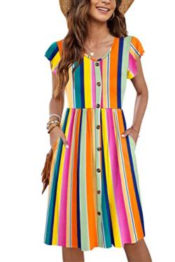 MOLERANI Sommerkleid Damen Knielang Rüschen Ärmel V-Ausschnitt Casual Swing Elastische Taille Midi Kleid mit Taschen reinem Regenbogen Streifen XL von MOLERANI