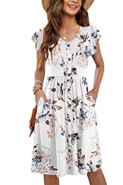 MOLERANI Sommerkleid Damen Lang Rüschen Ärmel V-Ausschnitt Casual Swing Elastische Taille Midi Kleid mit Taschen Pure Floral Weiß XL von MOLERANI