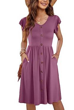 MOLERANI Sommerkleid Damen Midi Rüschen Ärmel V-Ausschnitt Casual Swing Elastische Taille Midi Kleid mit Taschen natürlicher Violett XL von MOLERANI