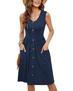 MOLERANI Sommerkleider für Damen Lässiger Sommer V Nekc Ärmelloses Swing-Kleid mit Knöpfen Midi-Länge (Marineblau, M) von MOLERANI