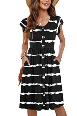MOLERANI Sommerkleider für Damen Rüschen Ärmel V-Ausschnitt Casual Swing Elastische Taille Midi Kleid mit Taschen schwarzen Wellenstreifen L von MOLERANI
