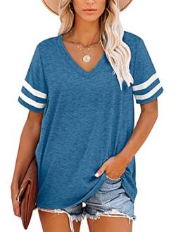 MOLERANI T-Shirts für Damen Kurzarm V-Ausschnitt Gestreifte Sommer Tops Casual Loose Tee Blau XXL von MOLERANI