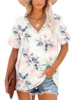 MOLERANI T-Shirts für Damen Kurzarm V-Ausschnitt Gestreifte Sommer Tops Casual Lose T-Shirt(Floral White Pink,L) von MOLERANI