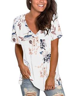 MOLERANI T-Shirts für Damen V-Ausschnitt Kurzarm Sommeroberteile Leicht Blumen Weiß L von MOLERANI