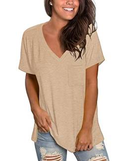 T-Shirts mit V-Ausschnitt Frauen Kurzarm T Tops Sommer Casual Schlichtes Hemd Khaki S von MOLERANI