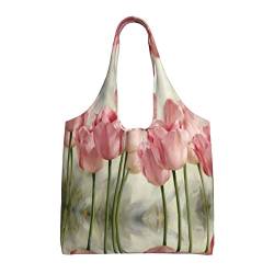 MOLIAE Einkaufstasche aus Segeltuch, mit rosa Tulpen-Aufdruck, stilvolle Tragetasche, wiederverwendbare Lebensmitteltasche, für Frauen zum Einkaufen, Schwarz, Einheitsgröße von MOLIAE