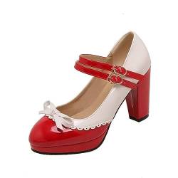 MOLIMI Damen Knöchelriemen Rockabilly Pump Mary Janes mit Schleife Retro Round Toe Schuh Oxford Plateauschuhe,37,Red von MOLIMI