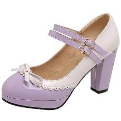 MOLIMI Damen Knöchelriemen Rockabilly Pump Mary Janes mit Schleife Retro Round Toe Schuh Oxford Plateauschuhe,38,Purple von MOLIMI