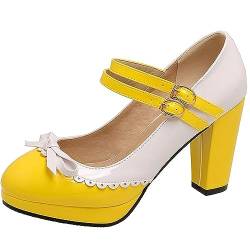 MOLIMI Damen Knöchelriemen Rockabilly Pump Mary Janes mit Schleife Retro Round Toe Schuh Oxford Plateauschuhe,39,Yellow von MOLIMI